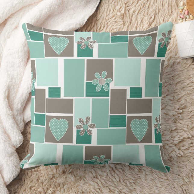 Braun Türkis Patchwork aus quadratischen Flicken  Kissen (Decke)