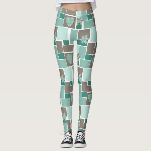 Braun Türkis Patchwork aus quadratischen Flicken Leggings (Vorderseite)