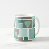 Braun Türkis Patchwork aus quadratischen Patches  Kaffeetasse (VorderseiteRechts)