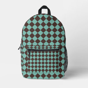Braun Türkis Schachbrett Diamantmuster Bedruckter Rucksack