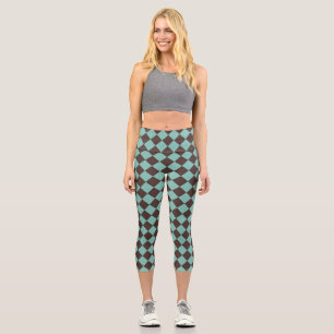 Braun Türkis Schachbrett Diamantmuster Capri Leggings