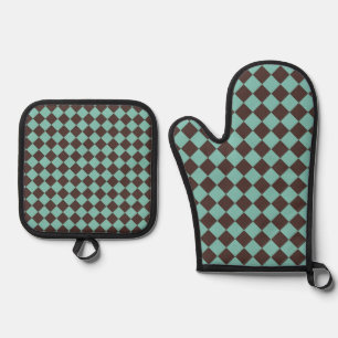 Braun Türkis Schachbrett Diamantmuster Ofenhandschuh & Topflappen-Set