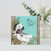 Braun und Aquamarin Blue Ethnic Baby Dusche Einladung (Stehend Vorderseite)