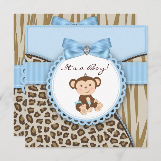 Braun und Blauer Affe Babyboy Dusche Einladung (Vorne/Hinten)