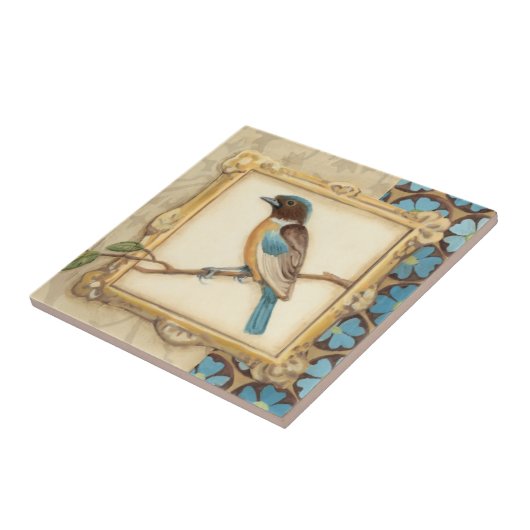 Braun und Blauer Vogel auf einer Zweigstelle nach  Fliese (Seite)