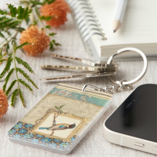 Braun und Blauer Vogel auf einer Zweigstelle nach  Schlüsselanhänger (Vorderseite rechts)