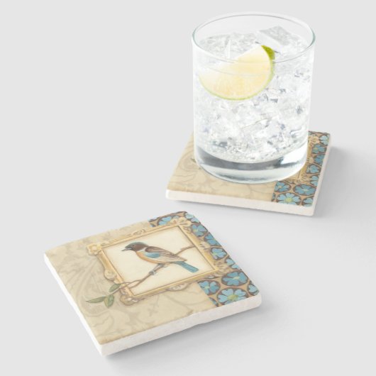 Braun und Blauer Vogel auf einer Zweigstelle nach Steinuntersetzer (Seitenansicht)