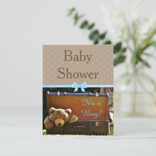 Braun und Blue Teddy Bear Baby Dusche Einladung (Stehend Vorderseite)