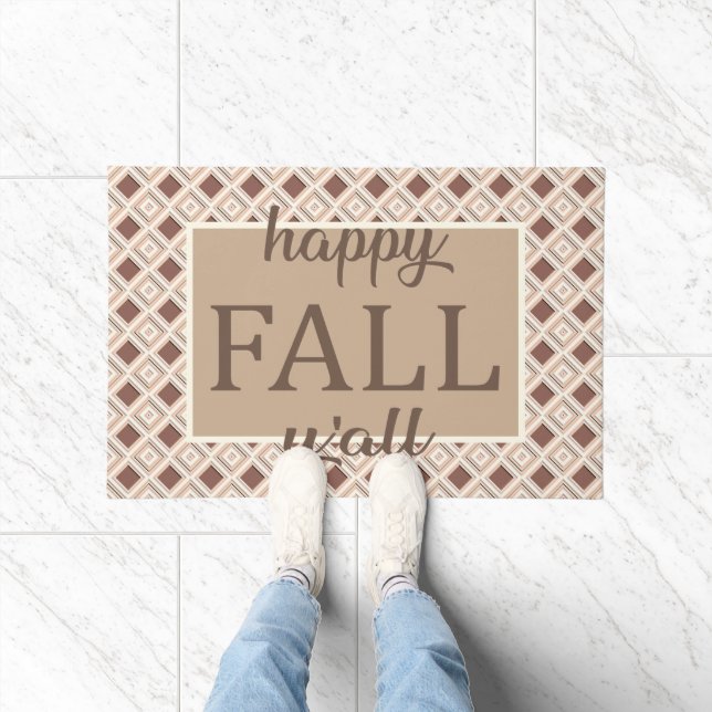 Braun und Creme Kariert Happy Fall Y'all Willkomme Fußmatte (Indoor)