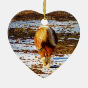 Braun und cremefarbenes Miniaturpferd im Schnee. Keramikornament