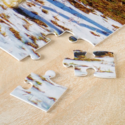 Braun und cremefarbenes Miniaturpferd im Schnee. Puzzle (Seite)