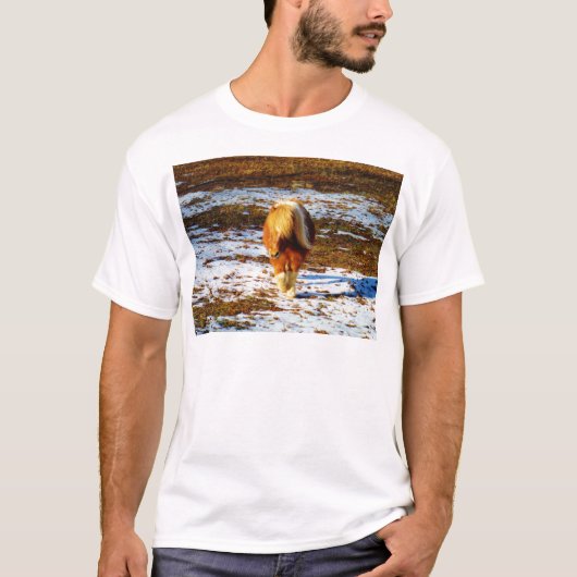 Braun und cremefarbenes Miniaturpferd im Schnee. T-Shirt (Vorderseite)