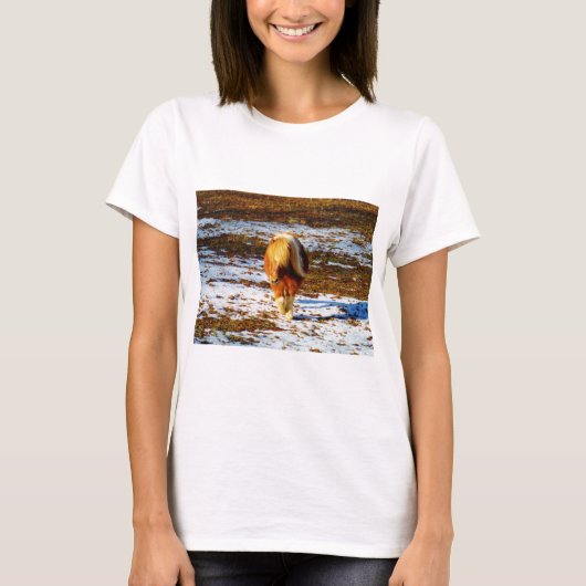 Braun und cremefarbenes Miniaturpferd im Schnee. T-Shirt (Vorderseite)