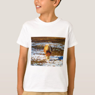 Braun und cremefarbenes Miniaturpferd im Schnee. T-Shirt
