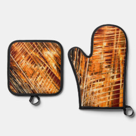 Braun und gelb mit orangefarbener Random-Linie und Ofenhandschuh & Topflappen-Set