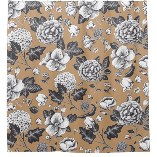 Braun und Grau Vintage Blumenmuster Duschvorhang (Vorderseite)