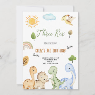Braun Und Grün Dinosaurier Drei Rex 3. Geburtstag Einladung
