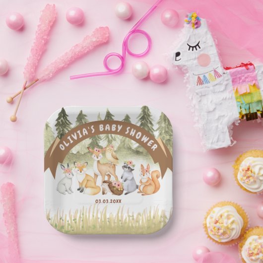 Braun- und Grünholztiere Kinderdusche Pappteller (Party)