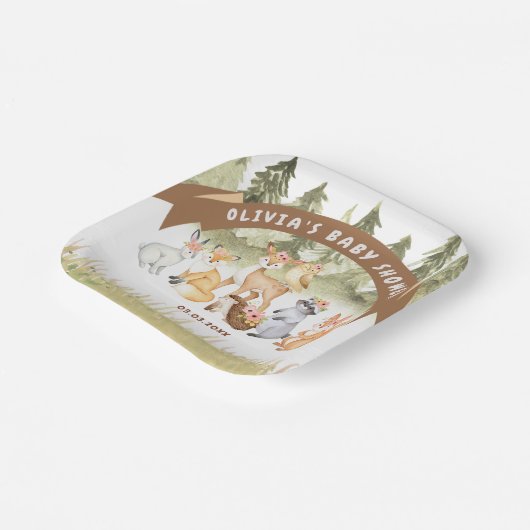 Braun- und Grünholztiere Kinderdusche Pappteller (Gewinkelt)