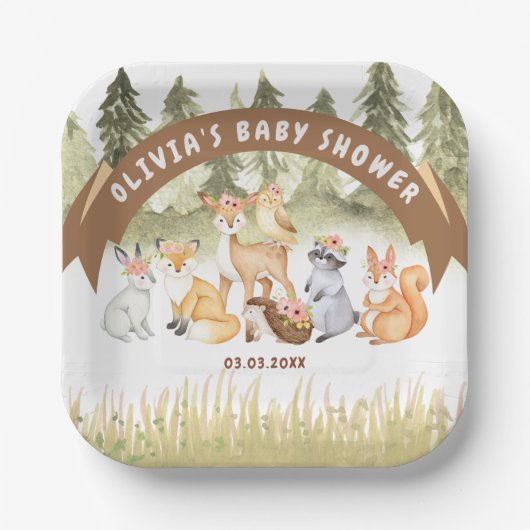 Braun- und Grünholztiere Kinderdusche Pappteller (Vorderseite)