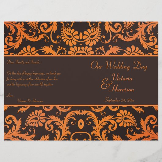 Braun und Orange Damask Hochzeitsprogramm (Vorderseite)