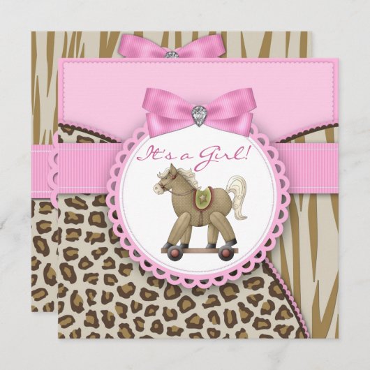 Braun und rosa Rocking Horse Kinderdusche Einladung (Vorne/Hinten)