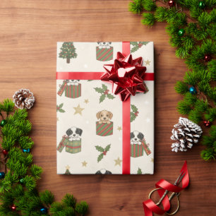 Braun und Schwarz-Weiß-Welpen Weihnachtsmuster Geschenkpapier
