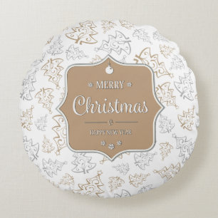 Braun und Silber Elegantes Weihnachtsbaummuster Rundes Kissen