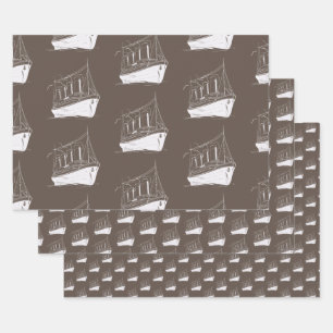 Braun- und weißes Segelboot für das nautische Retr Geschenkpapier Set