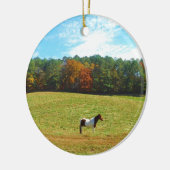 Braun- und Weißpferd, Herbstbäume, blauer Himmel Keramik Ornament (Links)