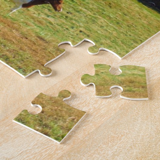 Braun- und Weißpferd, Herbstbäume, blauer Himmel Puzzle (Seite)