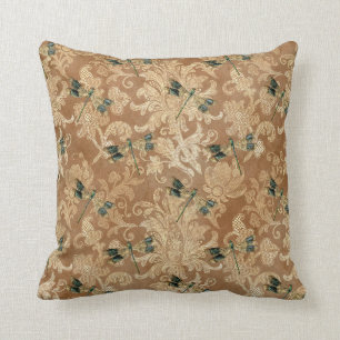 Braun vintage Damast Blumenmuster mit grünen Libel Kissen