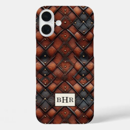 Braun vintage Diamantleder mit Monogramm iPhone 16 Plus Hülle