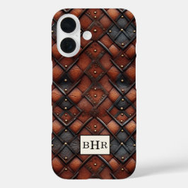 Braun vintage Diamantleder mit Monogramm iPhone 16 Hülle