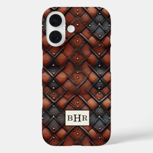 Braun vintage Diamantleder mit Monogramm iPhone 16 Hülle