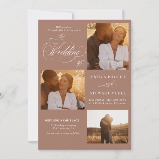 Braun weiß alles in einem Skript-Foto Hochzeit Einladung (Vorderseite)