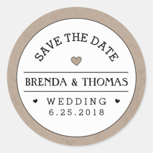 Braun & Weiß Hochzeit Sichern Sie das Date Round L Runder Aufkleber