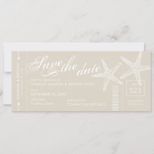 Braun-weiße Seesterne-Bordkarte-Ticket Save The Date