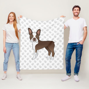 Braun-weißer Boston-Terrier-Cartoon-Hund & Pfoten Fleecedecke