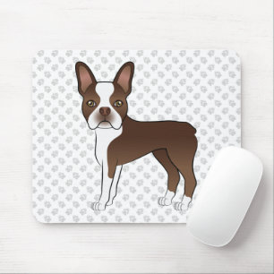 Braun-weißer Boston-Terrier-Cartoon-Hund & Pfoten Mousepad