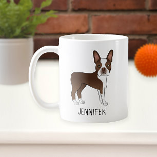 Braun-weißer Boston-Terrier-Cartoon-Hund und Name Kaffeetasse