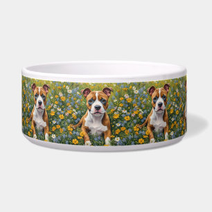 Braun-weißer Staffordshire-Bullterrier-Welpe, Napf