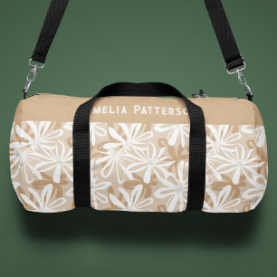 Braun-weißer tropischer Blumen-Name personalisiert Duffle Bag