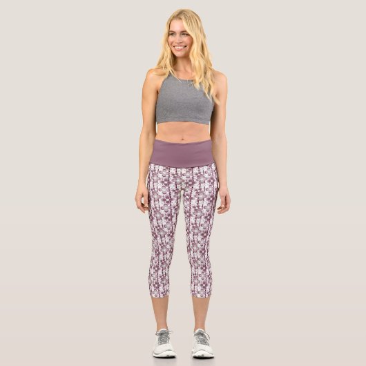 braun-weißes Blumenmuster Capri Leggings (Vorderseite)