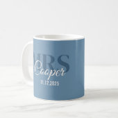 Brauname mit Hochzeitdatum Blue Jean Farbe Kaffeetasse (Vorderseite Links)
