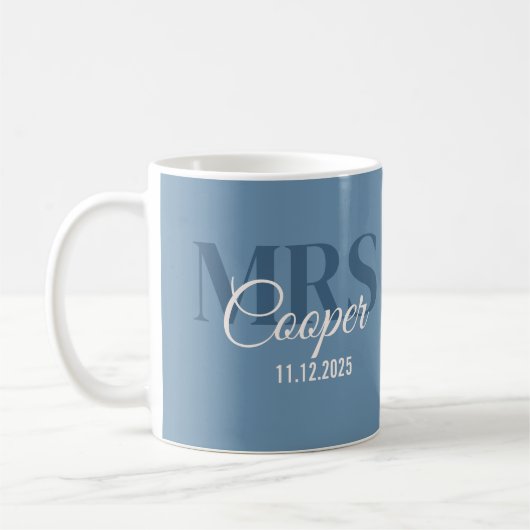Brauname mit Hochzeitdatum Blue Jean Farbe Kaffeetasse (Links)