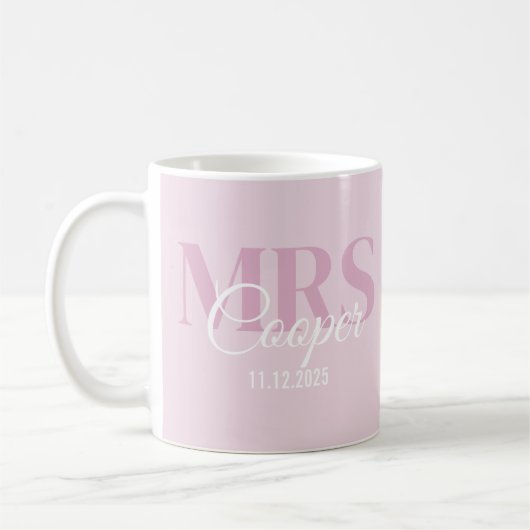 Brauname mit Hochzeitdatum Crimson Light Pink Kaffeetasse (Links)