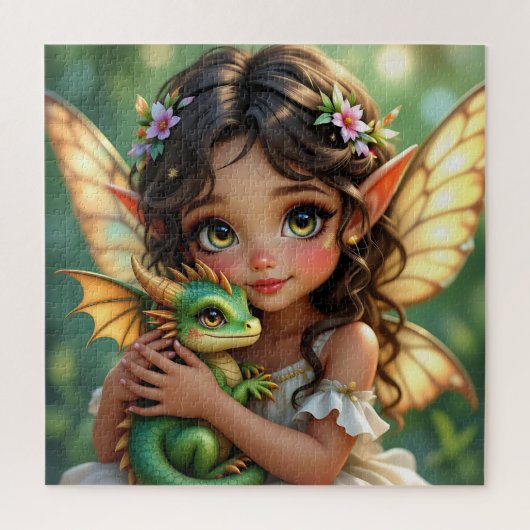 Braunäugige Elfenfee und Drache  Puzzle (Vertikal)