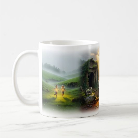Braunäugiges-Mädchen-Regenbogen-Wasserfall-Nostalg Kaffeetasse (Links)