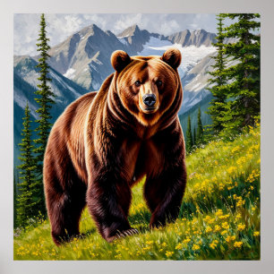 Braunbär auf einer Bergwiese Poster